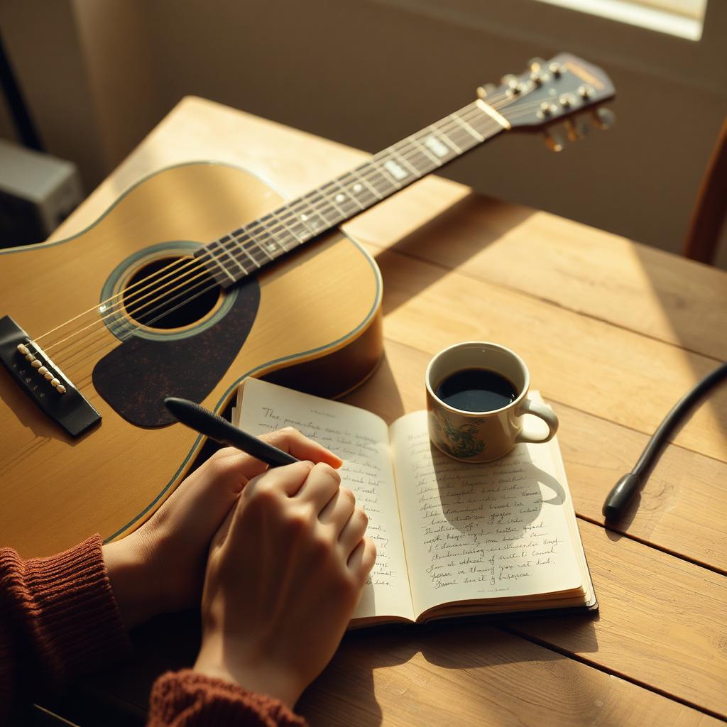 Notesbog med sangtekster ved siden af en guitar
